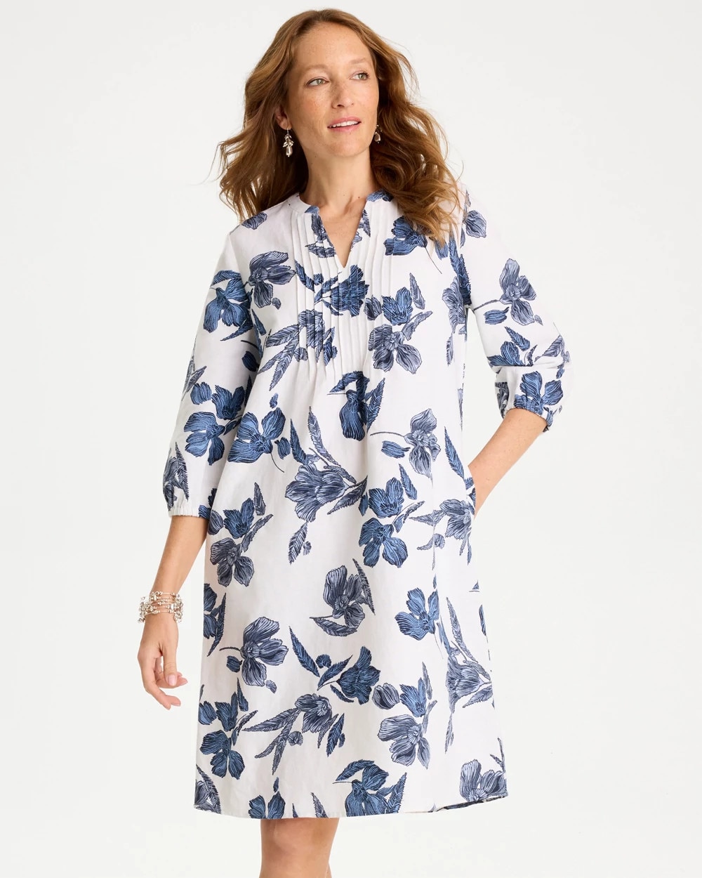 Floral Linen-Cotton Pintuck Dress | Chico's
